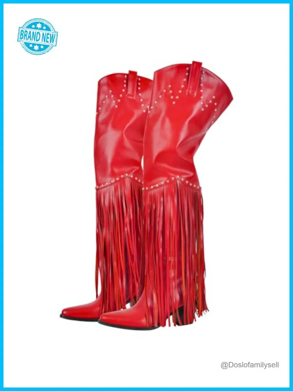 Faux Leather Fringe Over Knee Cowgirl Boots with Studs Side Zipper